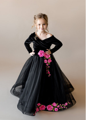 Black Velvet Embroidered Lace Tulle Floor Length Flower Girl Dress